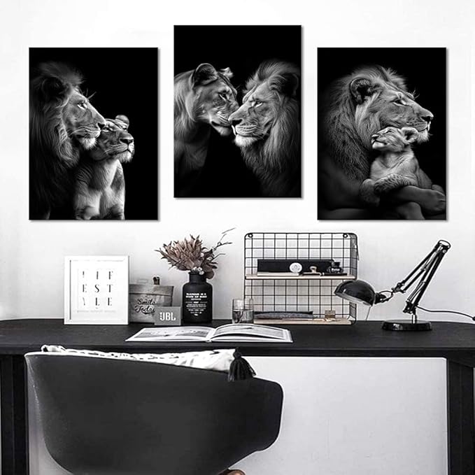 Black and White 3 Panels Lions Pictures Wall Art Wild Animals Painting Wall Decor Lion and Lioness Pictures Prints Artwork Living Room Kitchens Decor, Framed 12 W x16 Hx3pcs