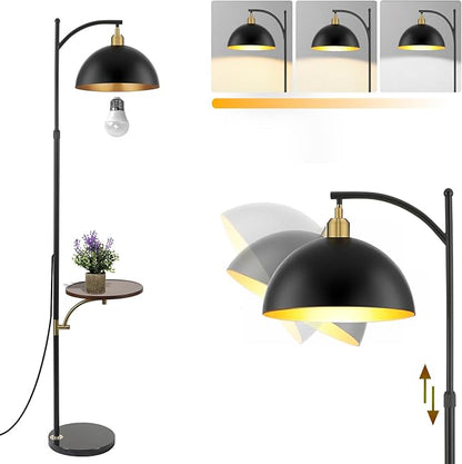 Floor Lamp with Table Attached Adjustable Height Corner Floor Lamp Table Combo Rustic Dimmable Floor Lamp with End Table for Bedroom Living Room Office (Gold)