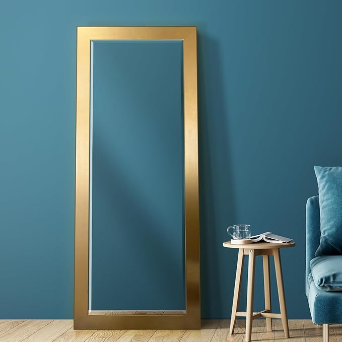 Renditions Gallery Full Length Mirror Shiny Gold Wood Frame Full Body Wall Mounted Apartment Large Vanity Standing Mirror for Bedroom Living Room Bathroom - 61"x25" LT07