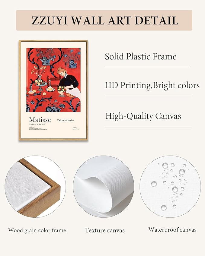 Zzuyi Matisse Framed Wall Art,Vintage Matisse Pictures for Living Room,Colorful Abstract Canvas Artwork for Bedroom, Bathroom, Dining Room Decor 12x16in