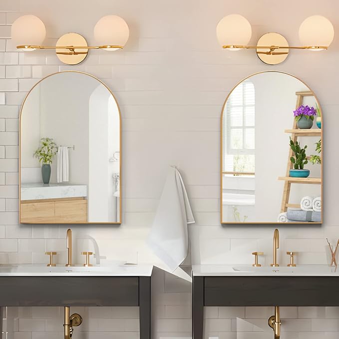 Wall Mounted Mirror, Arched Wall Mirror for Bathroom, 2 Pieces 24"x36" Arch Bathroom Mirror with Metal Frame, Gold Vanity Mirror Decor for Mantle, Bedroom, Entryway, Living Room