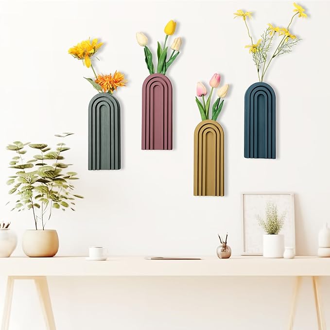 Ziliny 4 Pack Wood Wall Planter Indoor Wall Decor Plant Holders Boho Hanging Planter Vases for Modern Farmhouse Living Room Bedroom Rainbow Decor (Morandi Color)