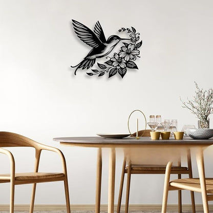 LIYOUYA Hummingbird Flower Metal Wall Decor - Rustic Farmhouse Room Decor Black Wall Art Home Decor for Living Room, Dining Room, Courtyard (Black)