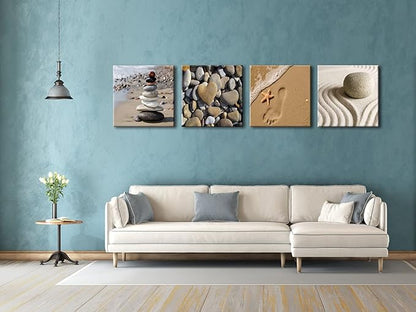 Wieco Art Canvas Prints Wall Art Romantic Beach Theme Zen Stone Pictures Paintings for Living Room Kitchen Home Decor Large Modern 4 Panels Stretched and Framed Seascape Sea Beach Artwork L