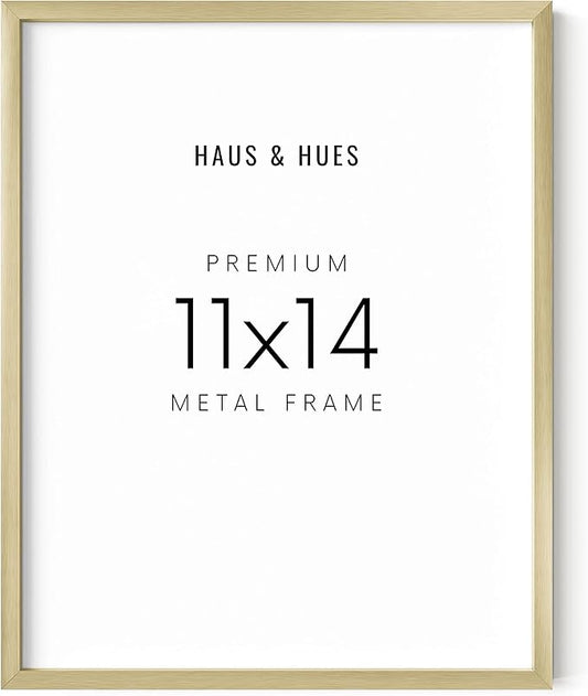 HAUS AND HUES 11x14 Gold Picture Frame - Modern Aluminum Poster Display - Lightweight 11x14 Frame for Certificates, Art Prints, Photos - Ready-to-Hang Vertically & Horizontally