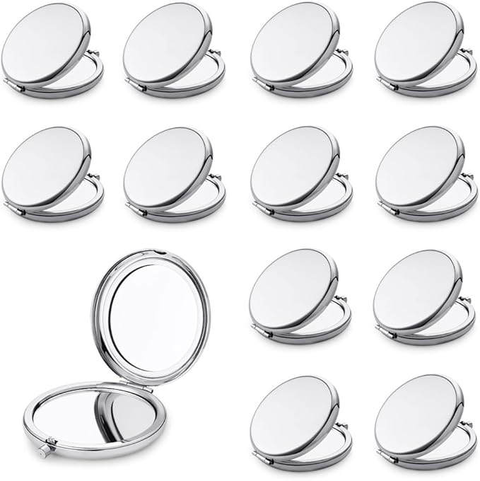 Compact Mirror for Purse, Metal Round Shell, Double-Sided 1X/2X Magnifying, Portable Travel Small Makeup Mirror, Mini Pocket Mirror, Sliver, 12 Pack