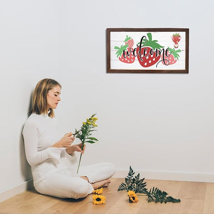 Strawberry Welcome Decoration, Rustic Hanging Wood Signs, Kitchen Wall Art, Farmhouse Home Garden Yard Decor, Wooden Framed Wall Decors, Welcome to Our Patch Sign 15×7.5×0.3 inches