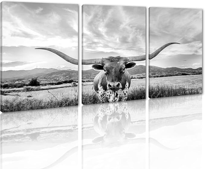 3 Panels Animal HD Painting Canvas Prints Highland Cow Wall Art Texas Longhorn Steer in Rural Utah Art Modern Wall Art Painting for Living Room Home Decor, Framed and Stretched 20" W x 28" Hx3pcs