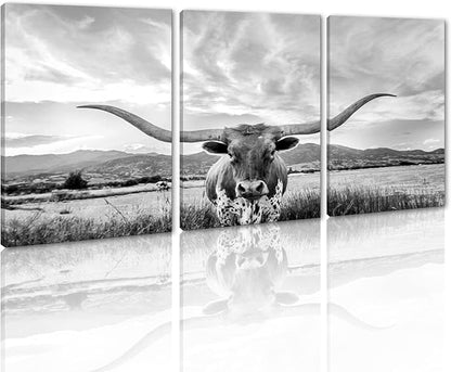 3 Panels Highland Cow Wall Art Modern Black and White Pictures Longhorn Wall Decor Artwork Animal Cow Posters Canvas Prints Painting Living Room Bedroom Home Office Decoration, Framed 12" Wx16 Hx3pcs