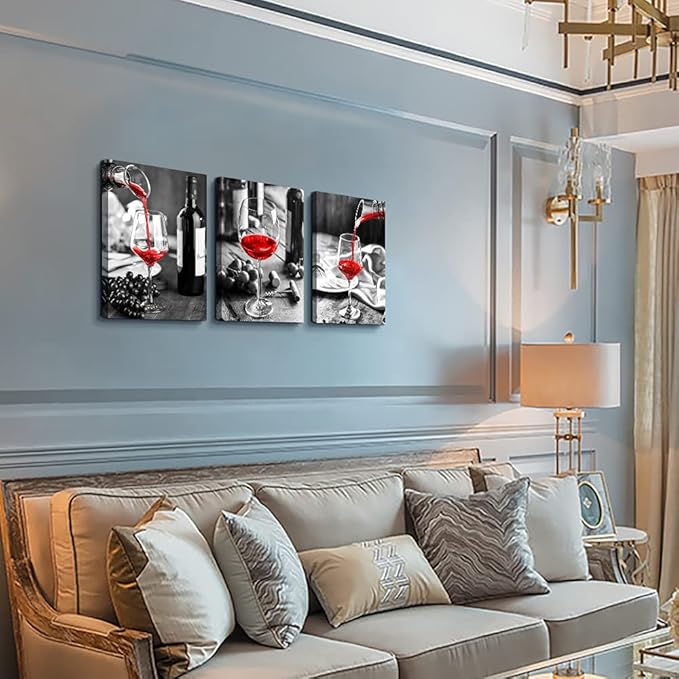 Canvas Wall Art For Kitchen Wall Decor For Dining Room Black And White Wine Glasses Painting Modern Red Wine Canvas Art Prints Ready To Wall Pictures For Restaurant Home Decorations 16"X24" 3 Pieces