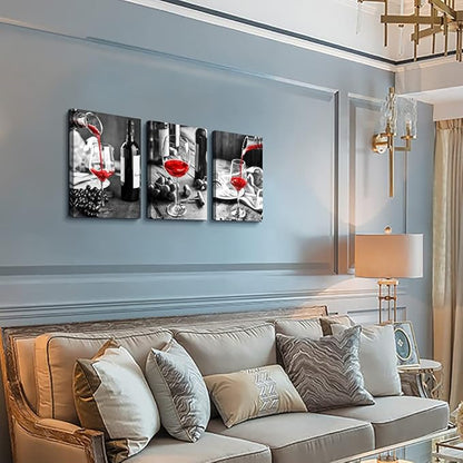 Canvas Wall Art For Kitchen Wall Decor For Dining Room Black And White Wine Glasses Painting Modern Red Wine Canvas Art Prints Ready To Wall Pictures For Restaurant Home Decorations 16"X24" 3 Pieces
