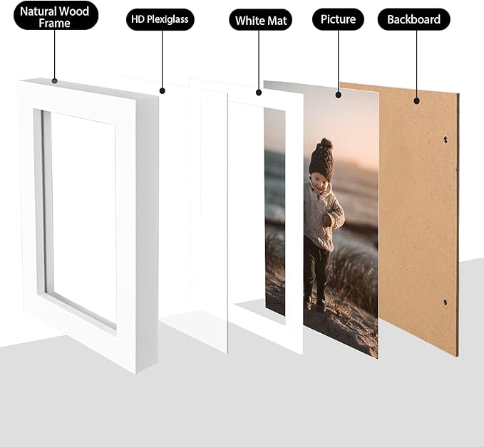 KINLINK 4x6 Frame White, Solid Wood 4 x 6 Picture Frame with Acrylic Plexiglass for 3.5x5 with Mat, Tabletop and Wall Display Photo Frames 4x6 White, 4 Pack