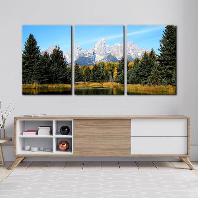 Pacimo 3 Pieces Canvas Art Wall Decor Grand Teton National Park Pictures Natural Landscape Painting Pond Prints on Canvas Modern Artwork Stretched and Framed Ready to Hang - 20"x28"x3 Panels