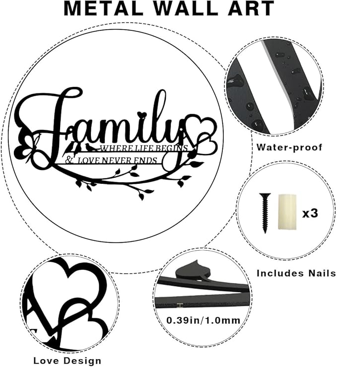 BFORXRO Family Signs for Home Decor Wall Black Metal Family Wall Decor for Living Room Kitchen Bedroom