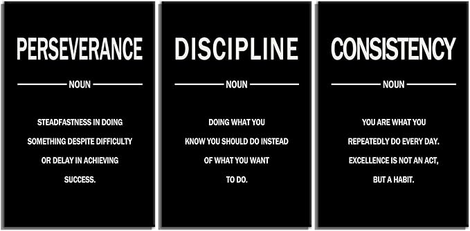 Perseverance Discipline Consistency Posters Inspirational Canvas Wall Art 3 Pieces Motivational Office Wall Decor Painting Artwork for Home Living Room Gym Stretched and Framed [48''W x 24''H]