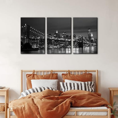 Pacimo New York Brooklyn Bridge Canvas Wall Art 3 Panels Night View Modern Landscape Artwork Cityscape Pictures Prints on Canvas Wall Decor for Home & Office Decoration - 16 x 24 inch x 3