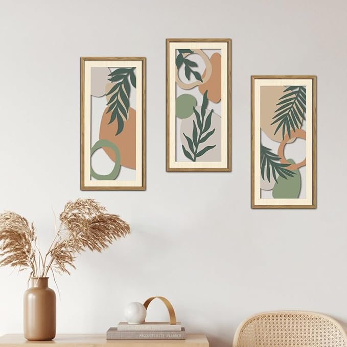 IARTTOP Sage Green Bedroom Wall Art Framed Set of 3 Boho Aesthetic Wood Wall Decor Neutral Botanical Abstract Artwork for Living Room Bedroom Office 7.9 x15.8 Inch