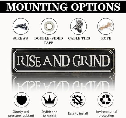 Coffee Decor Signs, Rise and Grind Sign, Retro Metal Tin Sign, Coffee Home Decor for Kitchen, Cafe Decoration, Coffees Station Decors, Decorative Metal Wall Signs 15.8x4 Inches