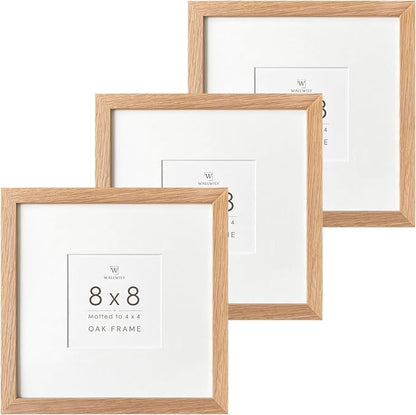 8x8 Picture Frames, Solid Oak Wood 8x8 photo Frame with Mat to 4x4(Openning Size is 3.5x3.5), Natural Oak 8x8 Picture Frames for Wall and Tabletop Display, Set of 3