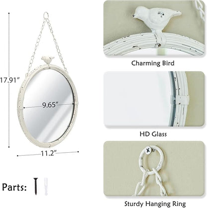 NIKKY HOME 11 Inch Decorative Small Hanging Mirrors Vintage Rustic Round Metal Framed Wall Mounted Mirror Decor with Bird for Bathroom Living Room Office, Rustic White