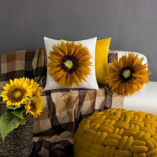 Mustard Yellow 3D Sunflower Round Decorative Throw Pillow Handcrafted Cute Elegant Flower Accent Pillow Boho Farmhouse Floral Cushion for Bed Couch Car Living Room Bedroom Home Decor 12Inch
