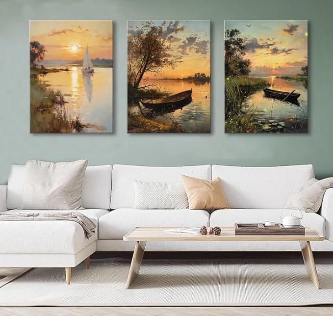 weiyiart Farmhouse Canvas Wall Art Vintage Wall Decor for Living Room Quiet River Sunset Boat Print Paintings Aesthetic Nature Landscape Picture Artwork for Bathroom Bedroom Office 12"x16"x3pcs