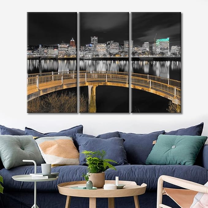 TUMOVO Home Decor Ortland Oregon Downtown City Skyline Pictures Bathroom Decor Wall Art 3 Panel Nighttime Lightscape Contemporary Home Decor Print on Canvas Framed Ready to Hang (36" Wx24 H)