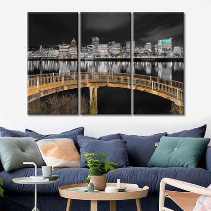 TUMOVO Home Decor Ortland Oregon Downtown City Skyline Pictures Bathroom Decor Wall Art 3 Panel Nighttime Lightscape Contemporary Home Decor Print on Canvas Framed Ready to Hang (36" Wx24 H)