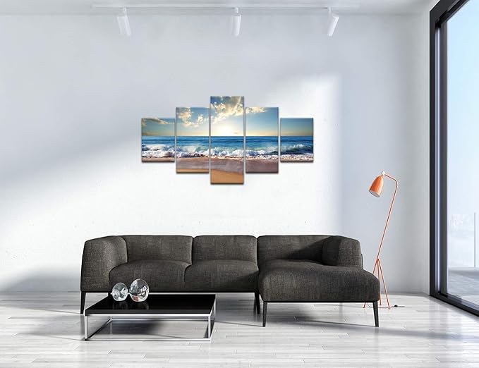 Yatsen Bridge Modern Landscape Painting on Canvas 5 Piece, Beach Ocean Pictures Wall Art for Living Room Home Decor Wooden Framed Stretched Ready to Hang (60" W x 32" H)