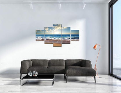 Yatsen Bridge Modern Landscape Painting on Canvas 5 Piece, Beach Ocean Pictures Wall Art for Living Room Home Decor Wooden Framed Stretched Ready to Hang (60" W x 32" H)