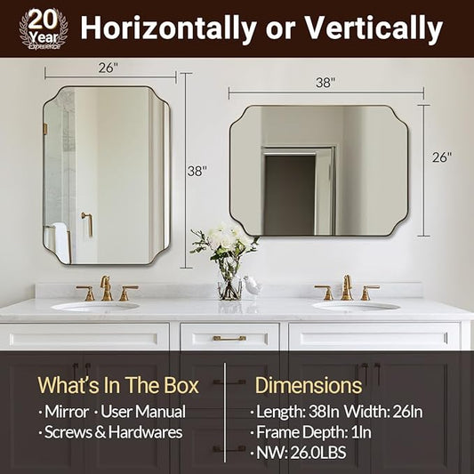 ANDY STAR 26"x38" Gold Mirror, Brushed Brass Scalloped Wall Mirror, Unique Rectangle Mirror, Bathroom Mirror in Anti-Rust Stainless Steel Metal Frame, 1’’ Deep Wall-Mounted Vertically/Horizontally