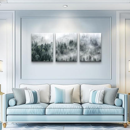 MHARTK66 Canvas Wall Art for Living Room - Modern Decorations for Bedroom, Foggy Forest Trees Landscape Painting - Office Decor Ready to Hang, Framed Pictures, 12x16 3 Panels