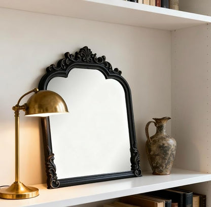 Black Arched Wall Mirror, Antique Baroque Wall Mirror Decoration, Fireplace/Entrance/Living Room/Bedroom/Kitchen/Farmhouse/Bathroom Home Decor。(Black)