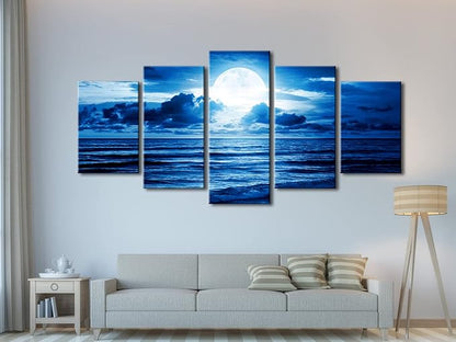 Pyradecor Extra Large Blue Clouds 5 Panels Moon Sea Beach Canvas Wall Art Modern Landscape Canvas Prints Pictures Artwork for Living Room Bedroom Home Decorations