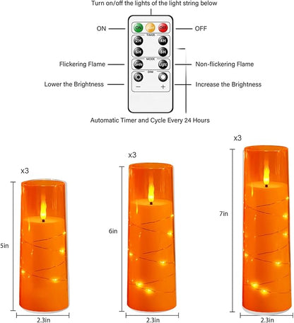 kakoya Flameless LED Candles with Timer 9 Pc Flickering Flameless Candles for Romantic Ambiance and Home Decoration Stable Acrylic Shell,with Embedded Star String，Battery Operated Candles（Orange）