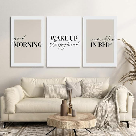 GUBIYU Prints Set of 3, Above-Bed Decor - 'Good Morning Namastay' Canvas Art, 24"x36" Minimalist Wall Art for Bedroom or Nursery