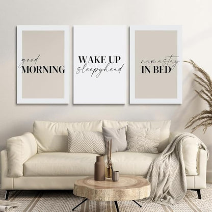 GUBIYU Bedroom Prints Set of 3, Above Bed Decor, Good Morning Namastay in Bed Canvas Wall Art, Beige and White Minimalist Nursery Prints 12"x16"