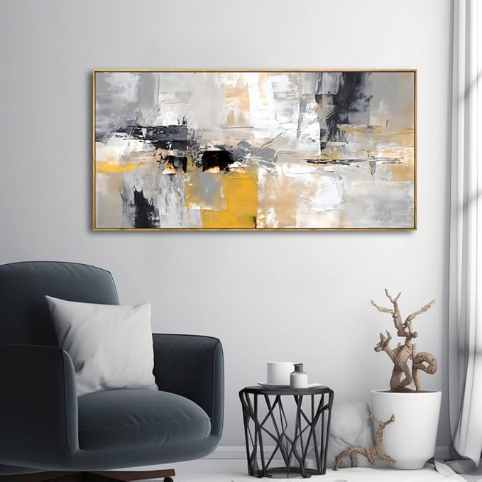 Wall Art Yellow Black White and Grey Modern Artwork for Living Room Bedroom Dining Room Home Office Decor 20"x40" with Framed