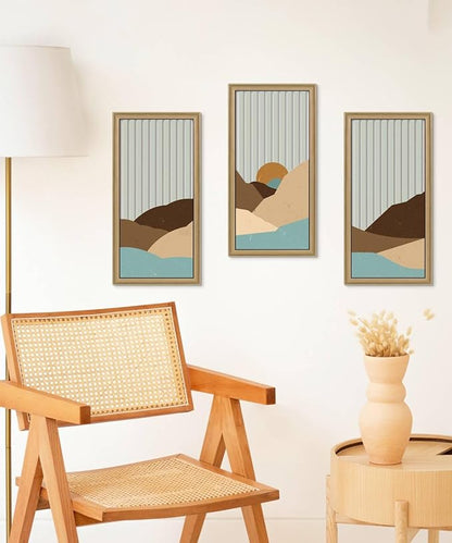 Putuo Decor Boho Mountain Wall Decor Set of 3, Mid Century Modern Wall Art Abstract Landscape Artwork with Sunset Striped Background Wall Hanging Sculptures for Living Room Bedroom Office 16x8in