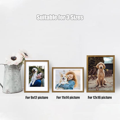 Egofine 12x16 Picture Frame with Plexiglass Made of Solid Wood, Display Pictures 9x12/11x14 with Mat or 12x16 Without Mat Set of 4 for Wall Mounting,Light Brown