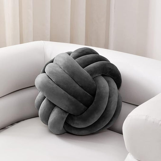 Sioloc Soft Knot Ball Pillows,Round Throw Pillow Cushion Home Decoration Plush Pillow,Throw Knotted Pillow Handmade Round Plush Pillow（13.7inches,Dark Grey）