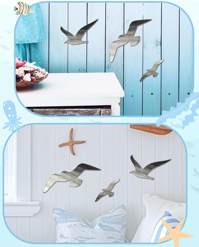 Putuo Decor 3pcs Wood Seagull Wall Decor Beach House Decor Coastal Ocean Themed Theme Wall Art Adhesive Seagull Wall Sculpture Sea Birds Lake House Ocean Vintage Ornaments For Home Bathroom