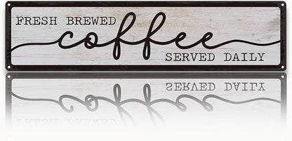 Coffee Metal Tin Signs, Fresh Brewed Coffee Served Daily Sign, Coffees Decoration for Cafe Bar Coffees Station, Kitchen, Restaurant, Hotel, Decorative Metal Wall Signs 15.8x4 Inches