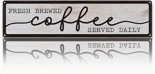 Coffee Metal Tin Signs, Fresh Brewed Coffee Served Daily Sign, Coffees Decoration for Cafe Bar Coffees Station, Kitchen, Restaurant, Hotel, Decorative Metal Wall Signs 15.8x4 Inches