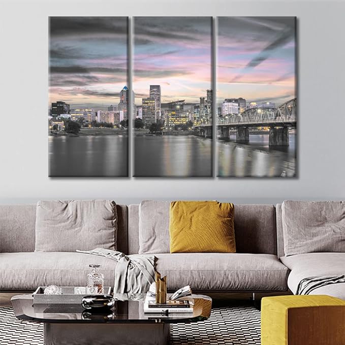 TUMOVO American Cityscape Canvas Wall Art Portland Oregon USA Skyline at Dusk on the Willamette River Pictures Black and White Wall Art 3 Panel Posters and Prints Framed Ready to Hang (42" Wx28 H)
