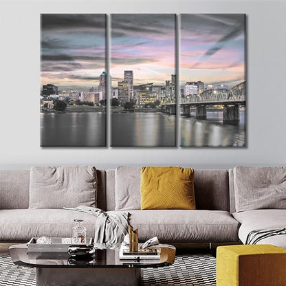 TUMOVO American Cityscape Canvas Wall Art Portland Oregon USA Skyline at Dusk on the Willamette River Pictures Black and White Wall Art 3 Panel Posters and Prints Framed Ready to Hang (42" Wx28 H)