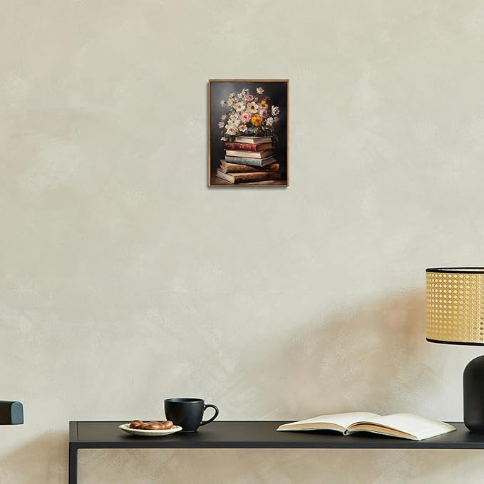 Djmwtb Framed Wall Art Vintage Pictures Wall Decor Books Canvas Art Floral Paintings Prints Dark Academia Artwork for Library Study Room Classroom