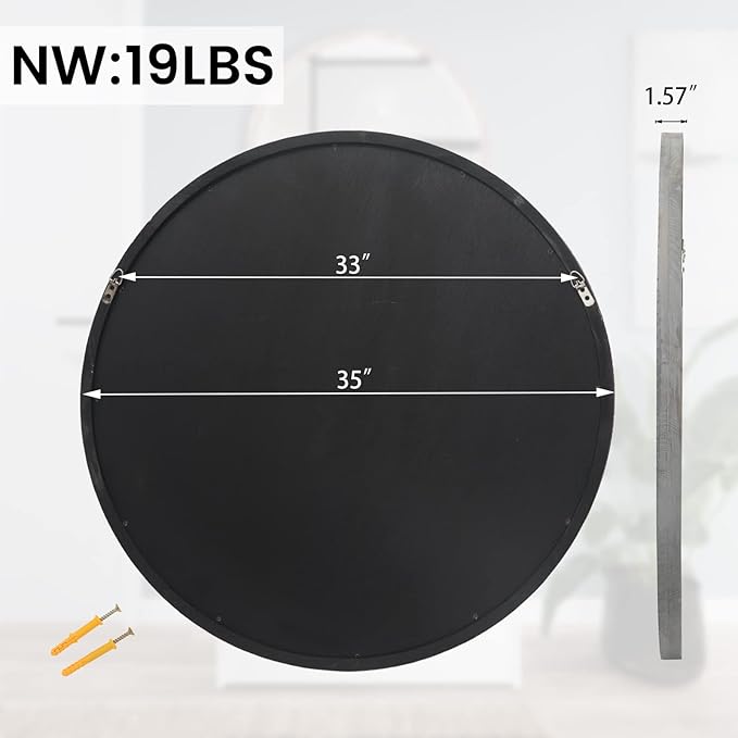 35" Round Wood Mirror, Rustic Circle Wall Mirror with Beveled, Wooden Round Mirrors for Wall Decor, Decorative Wall-Mounted Mirrors for Entryway, Living Room, Washed Gray Frame