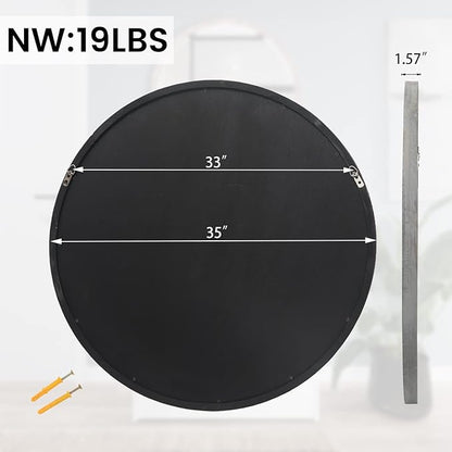 35" Round Wood Mirror, Rustic Circle Wall Mirror with Beveled, Wooden Round Mirrors for Wall Decor, Decorative Wall-Mounted Mirrors for Entryway, Living Room, Washed Gray Frame