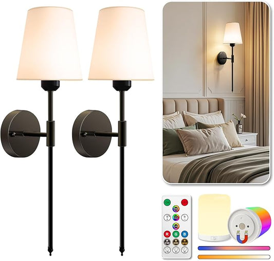 Adetu Wall Sconces Set of Two, Battery Operated Wall Sconce with 10000mAh RGB Dimmable Magnetic Bulbs and Remote, Rechargeable Wall Lights for Bedroom Living Room Hallway Decor